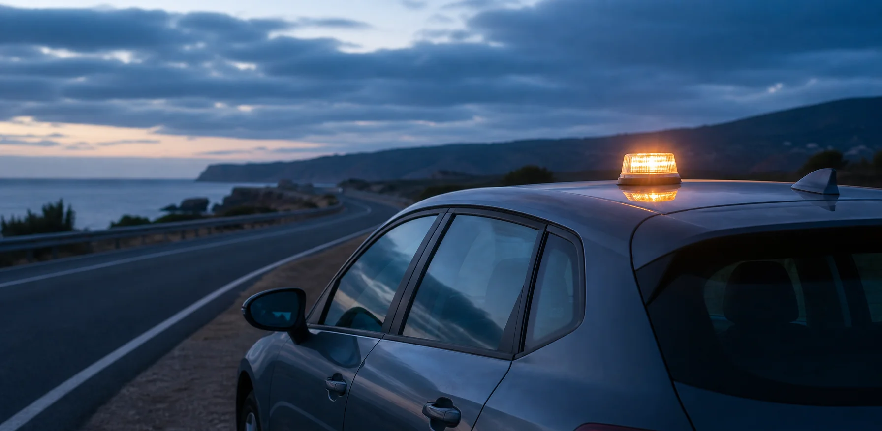 Baliza V16 conectada iluminada sobre el techo de un coche detenido