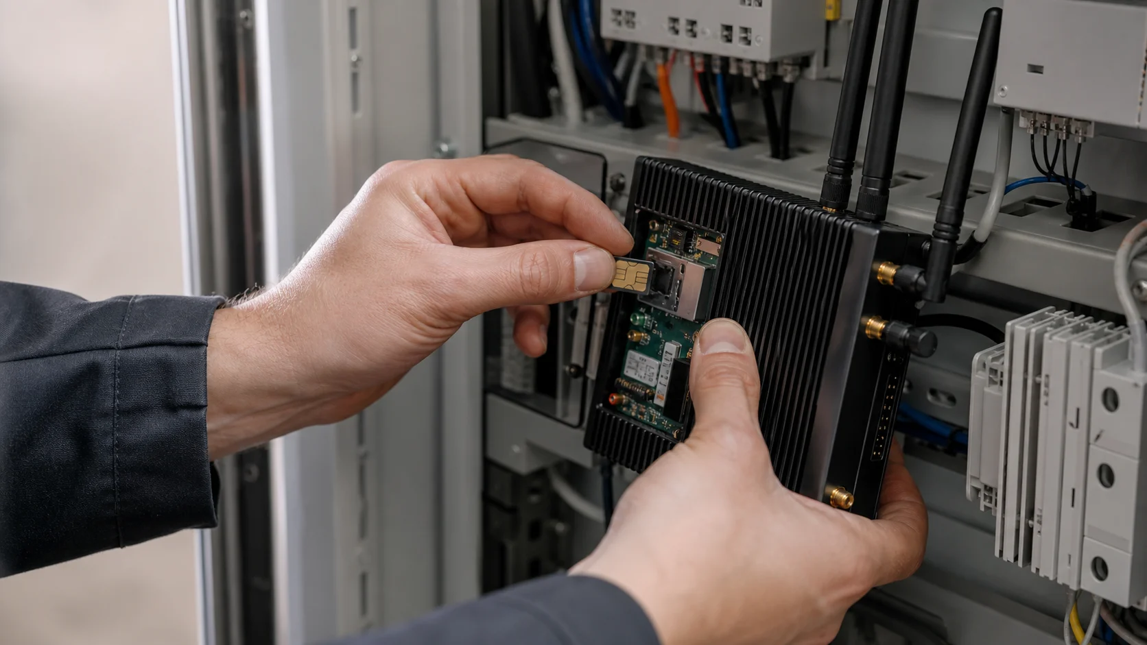 Técnico sustituyendo una tarjeta SIM en un router industrial