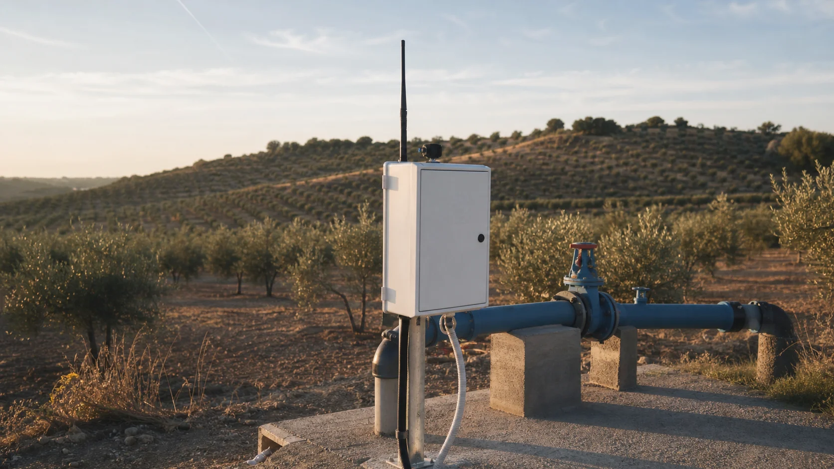 Equipo de telemetría instalado junto a una infraestructura de riego en zona rural
