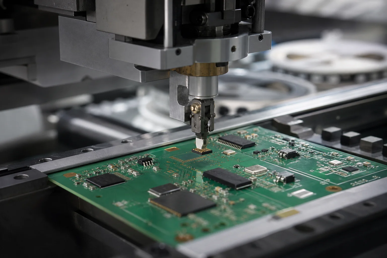 Proceso de fabricación electrónica colocando un chip de conectividad embebida en una placa