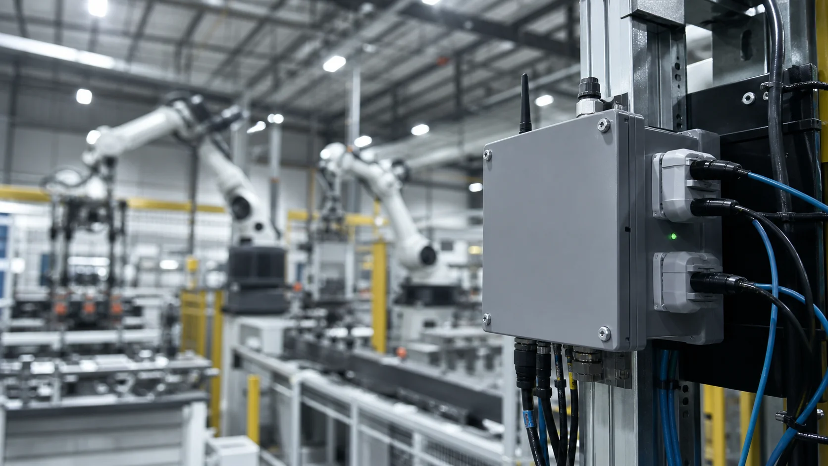 Caja de control industrial conectada en una línea de producción automatizada