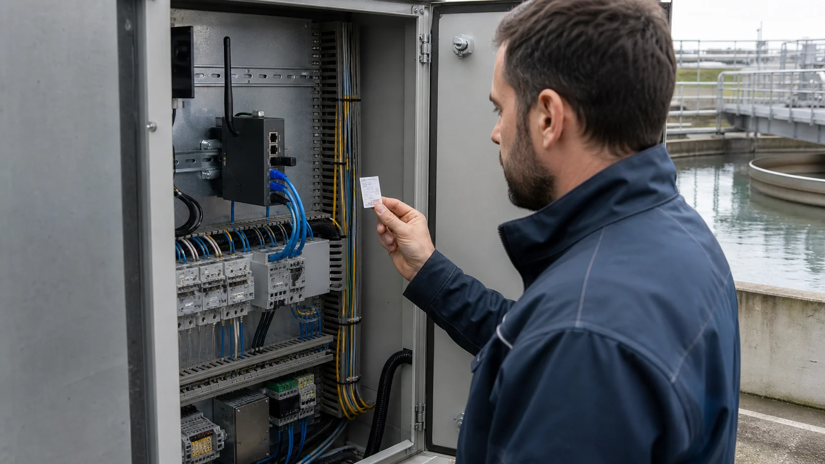 Revisión de un armario de comunicaciones industriales en una planta de agua