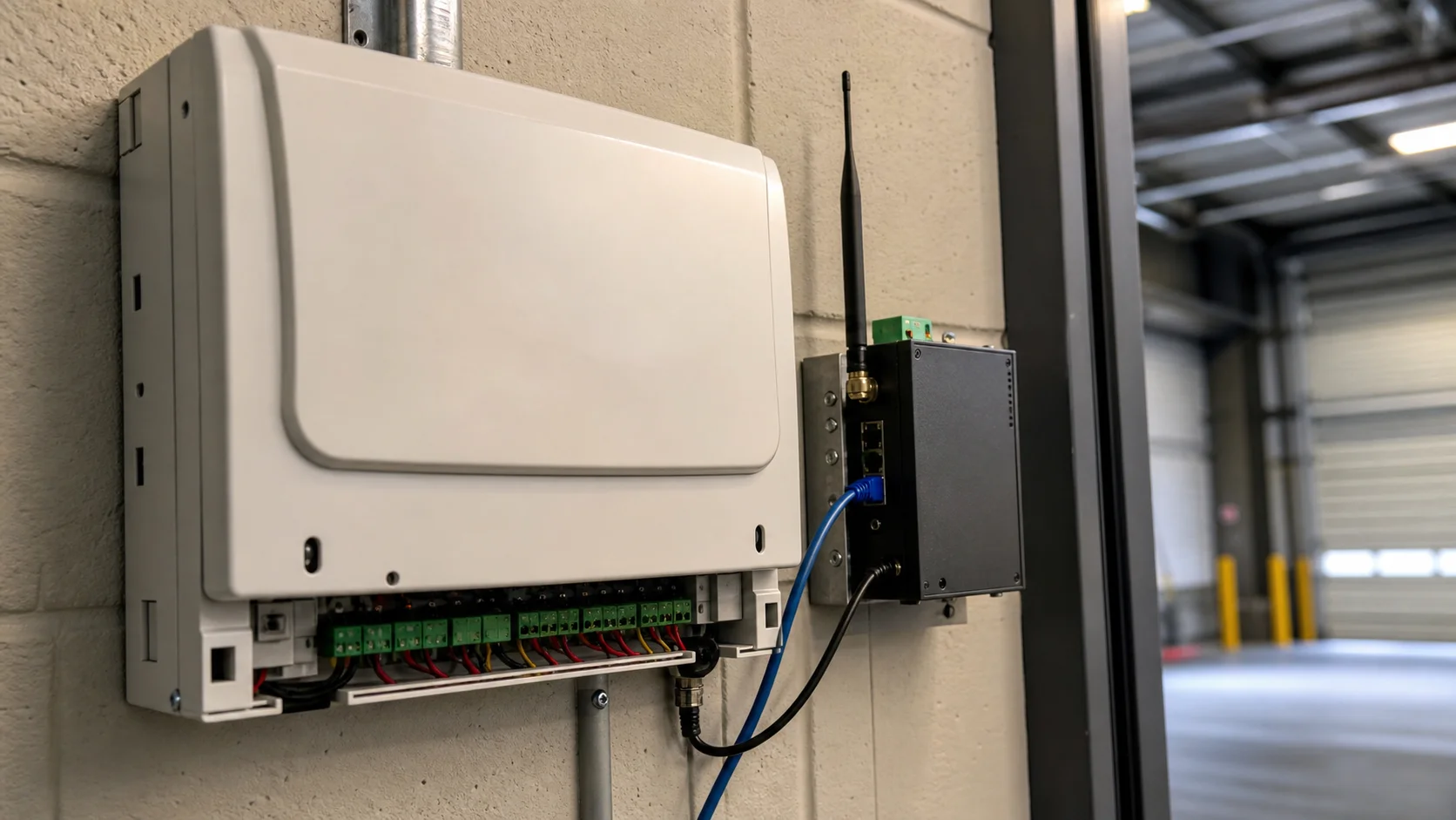 Panel de alarma conectado a una vía cableada y a un comunicador celular independiente