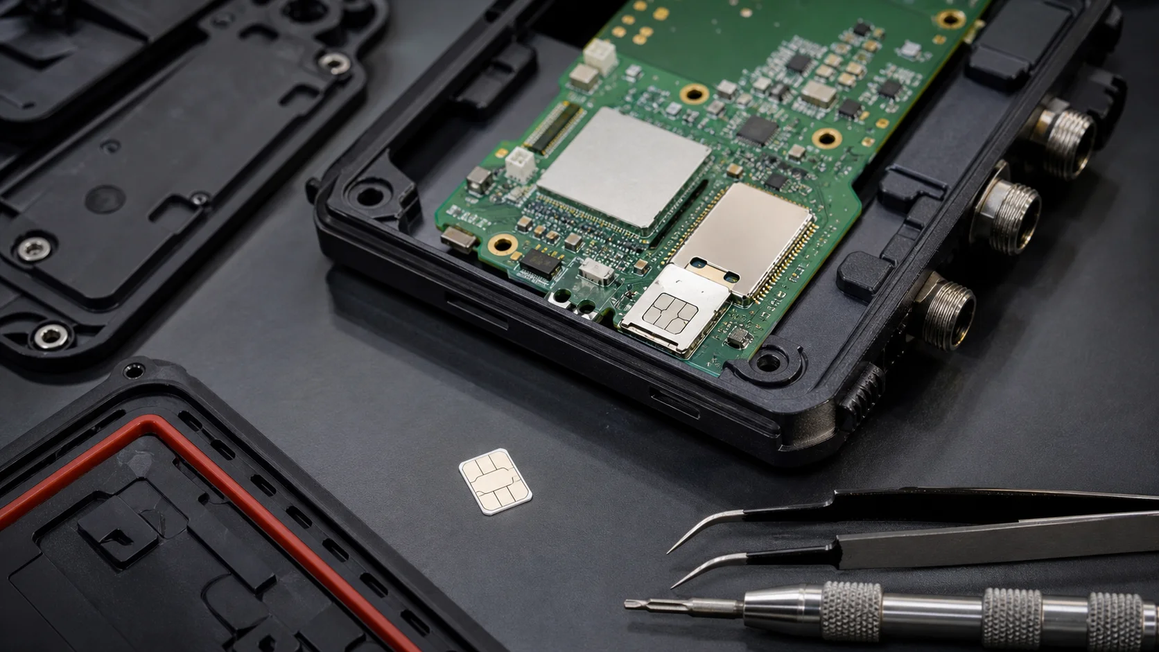 Dispositivo IoT abierto con una SIM física y componentes embebidos