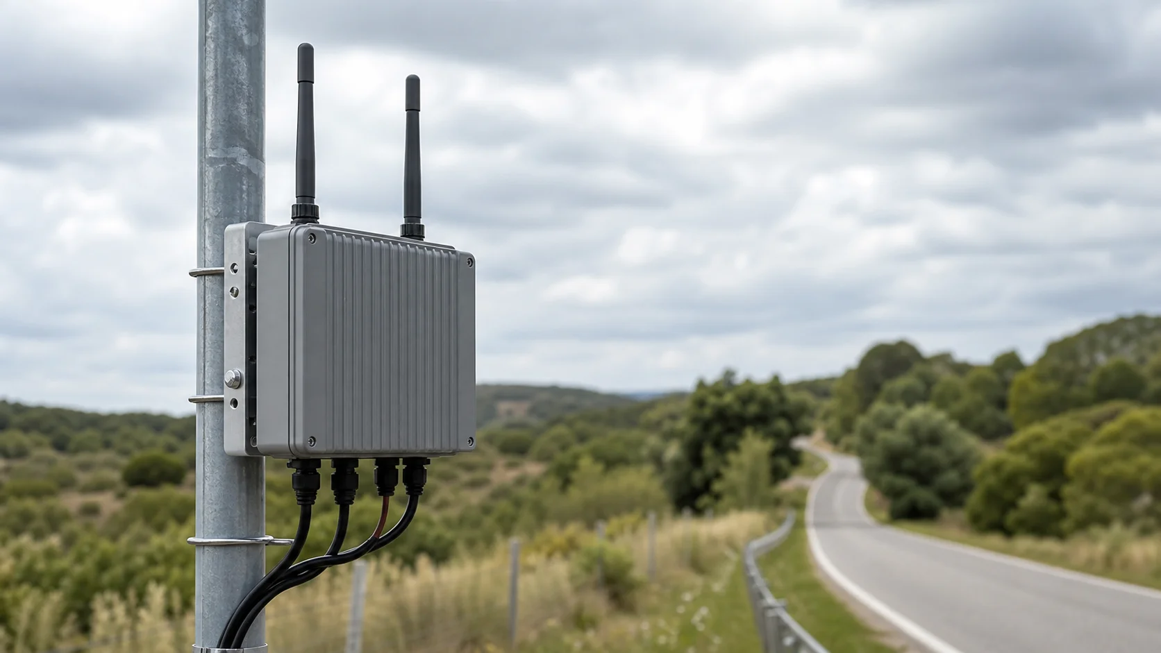 Gateway IoT industrial con dos antenas en una instalación remota