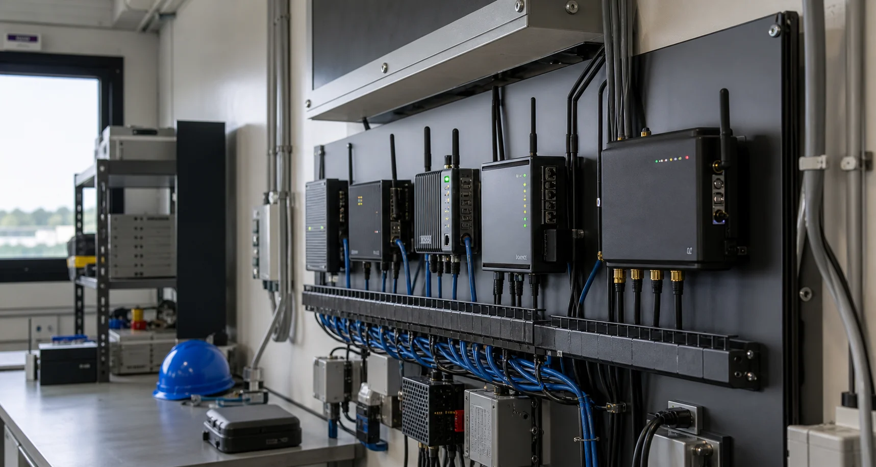 Instalación técnica con varios equipos celulares conectados y organizados