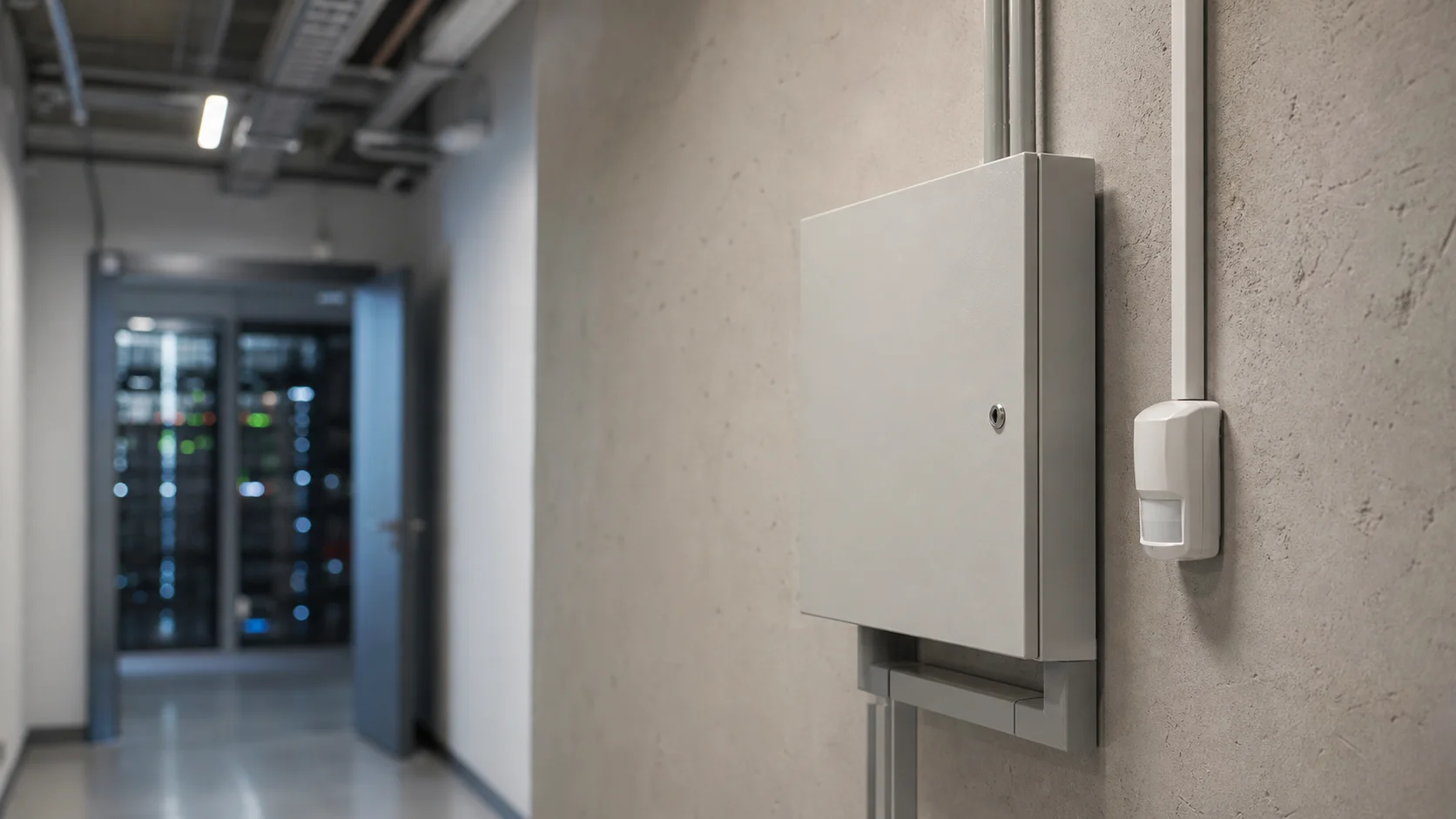 Panel de alarma y detector de movimiento en un pasillo técnico de edificio comercial