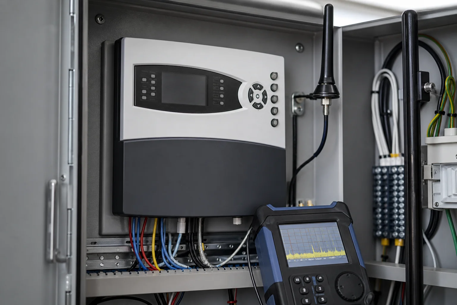 Panel de alarma con antenas y equipo de comprobación de señal