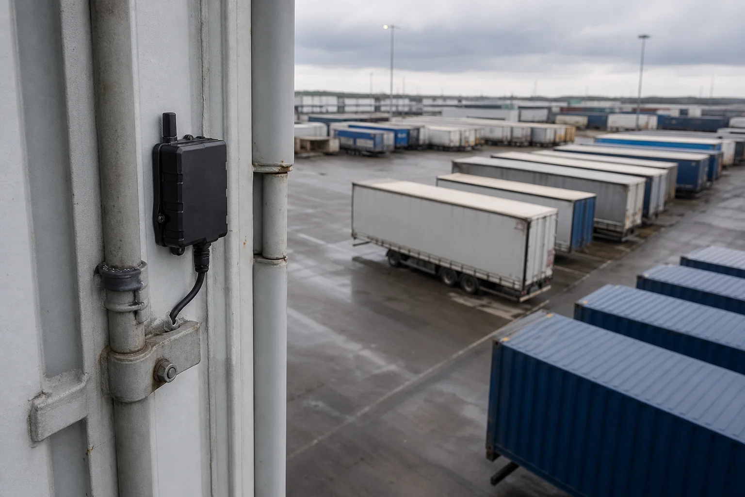 Tracker de localización instalado en un activo logístico con una terminal de transporte al fondo