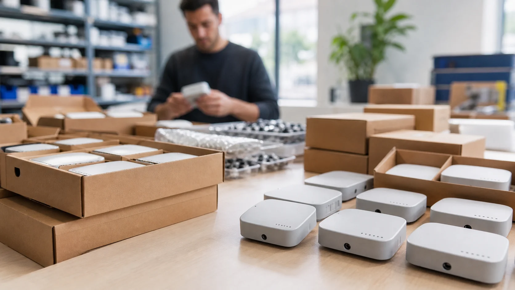 Fabricante preparando equipos IoT para su distribución