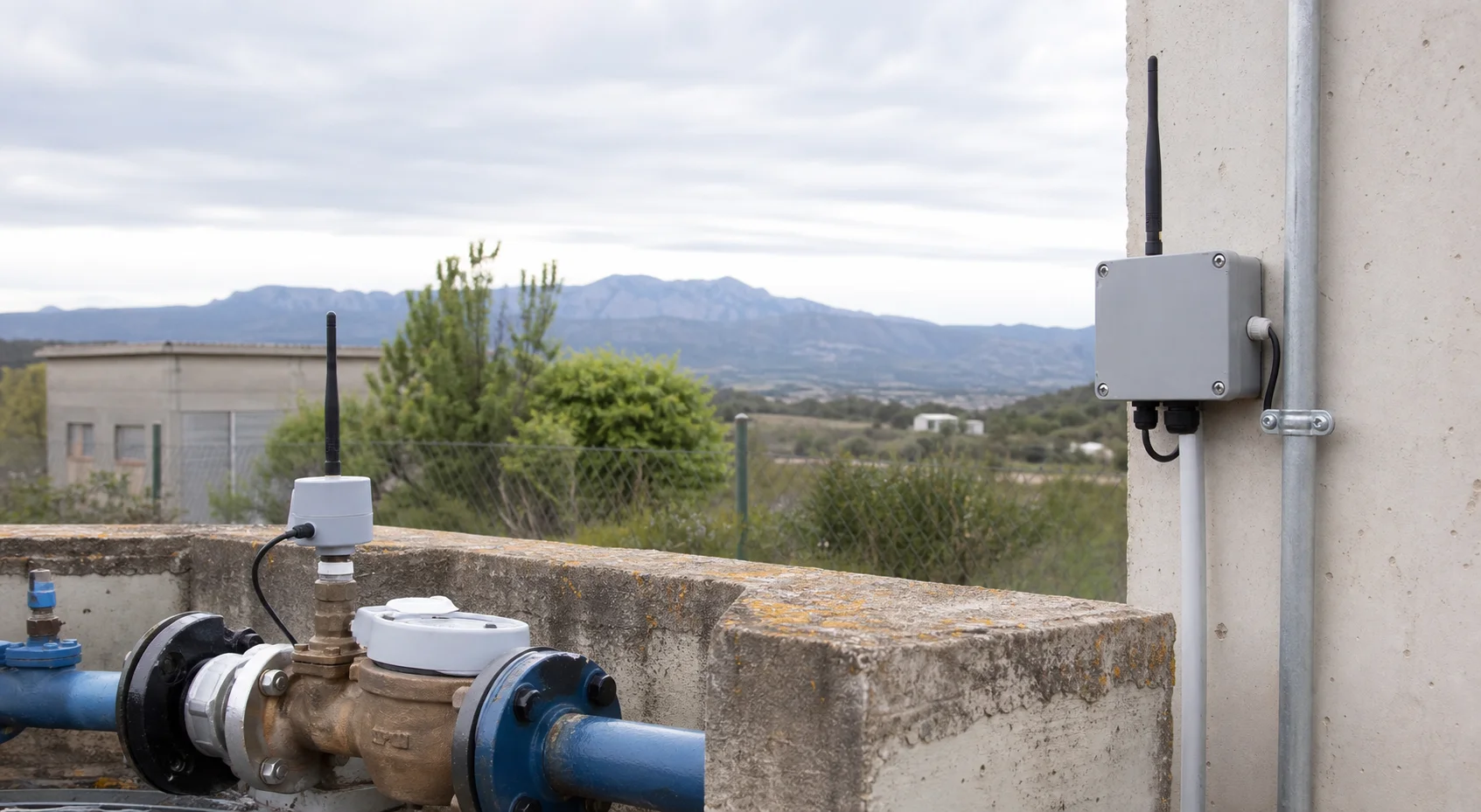 Instalación de telemedida de agua con sensor y gateway de radio en un entorno exterior