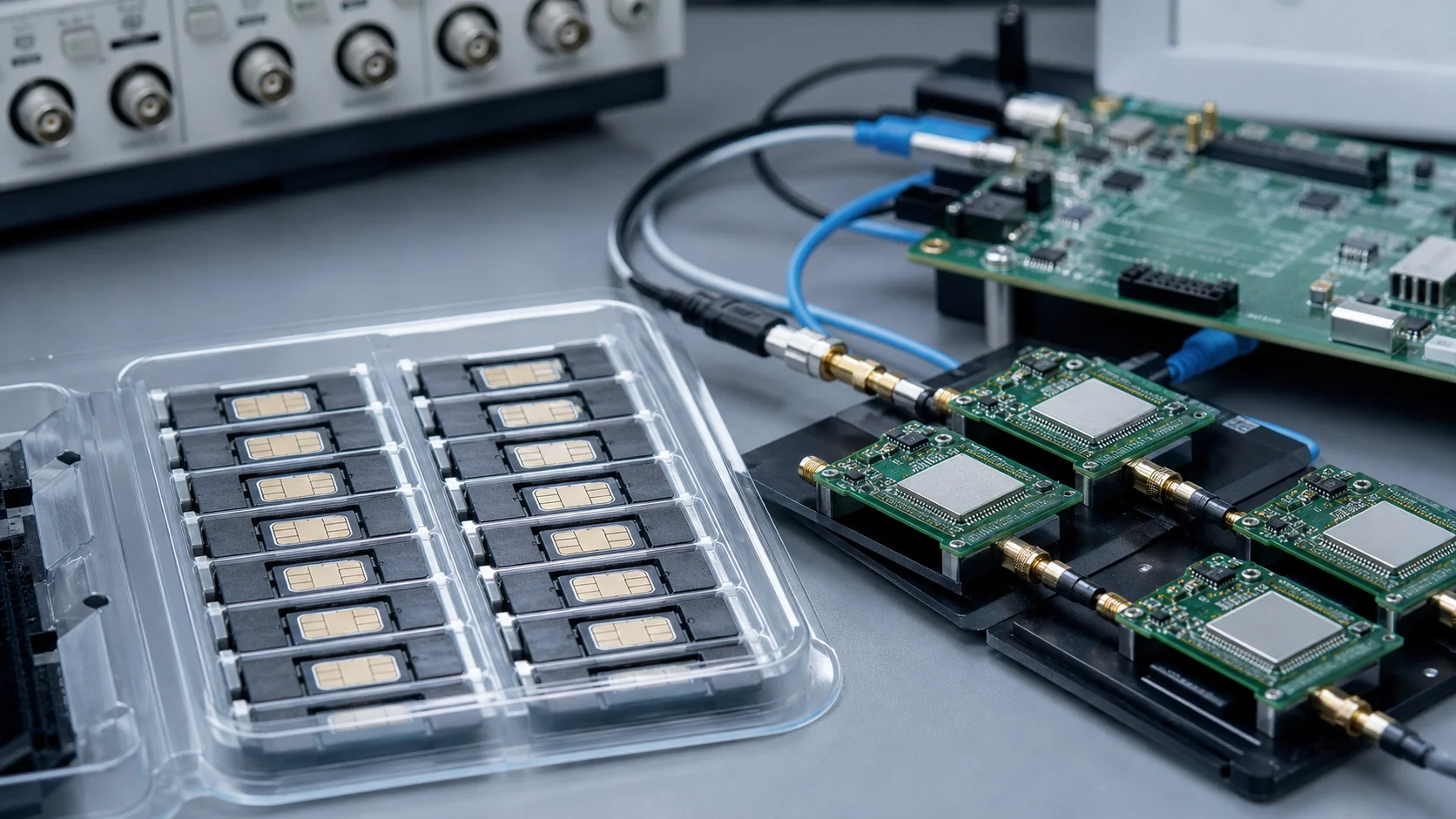 Tarjetas SIM industriales y módulos celulares en un laboratorio de conectividad
