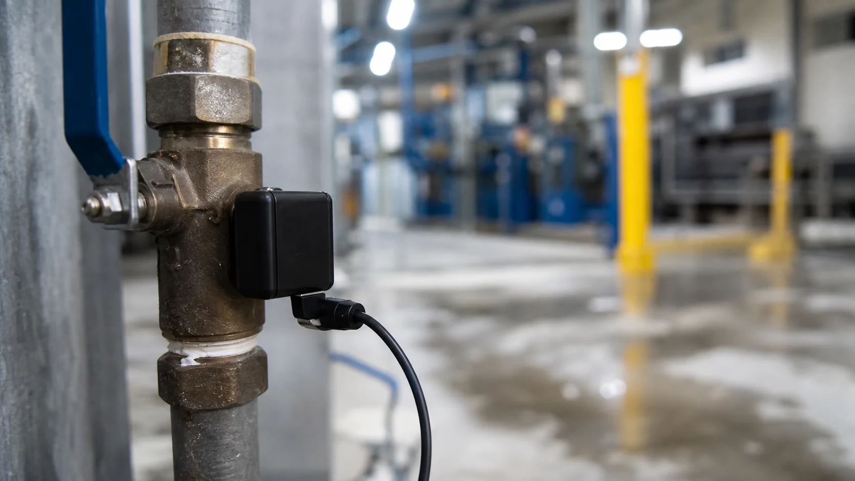 Sensor industrial conectado a una válvula en una instalación real