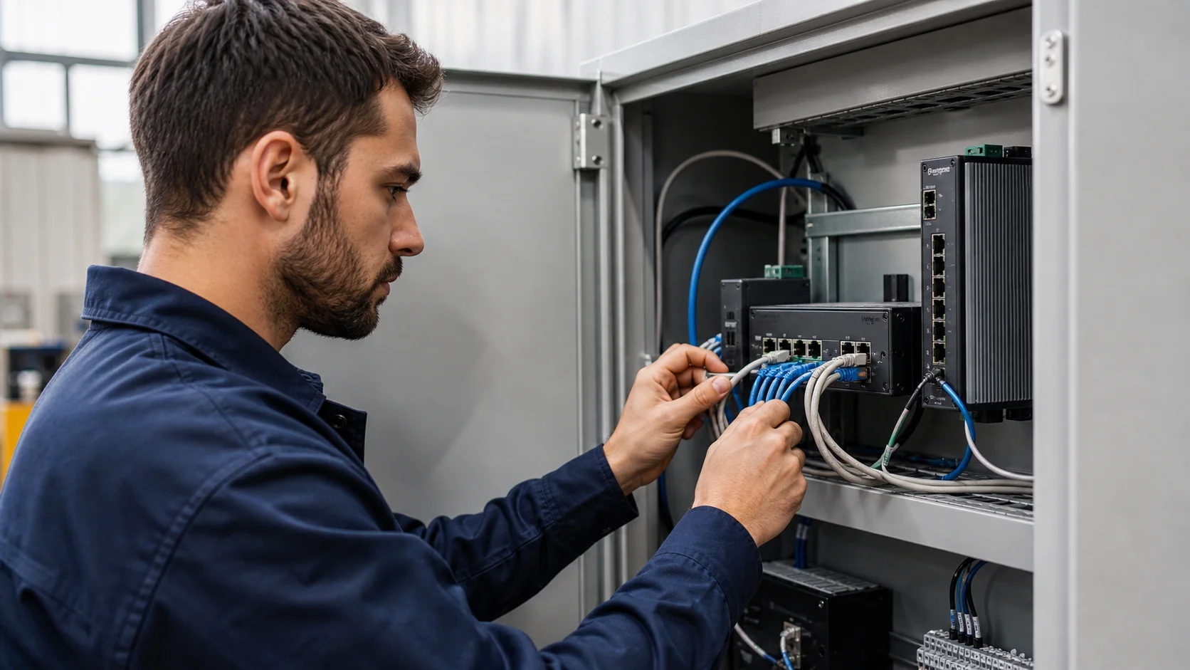 Técnico trabajando ante un armario de comunicaciones industriales