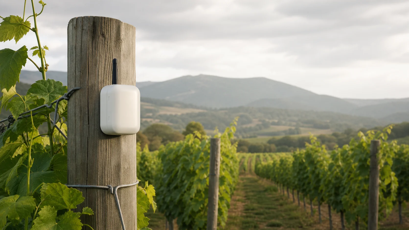 Sensor inalámbrico instalado en un viñedo
