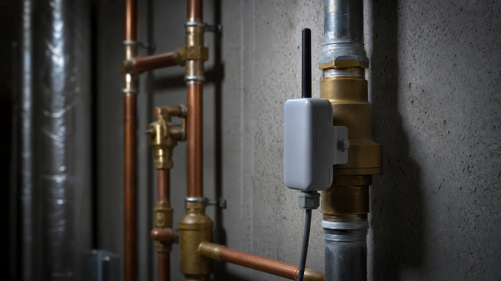 Módulo de telemetría sellado instalado junto a tuberías de gas