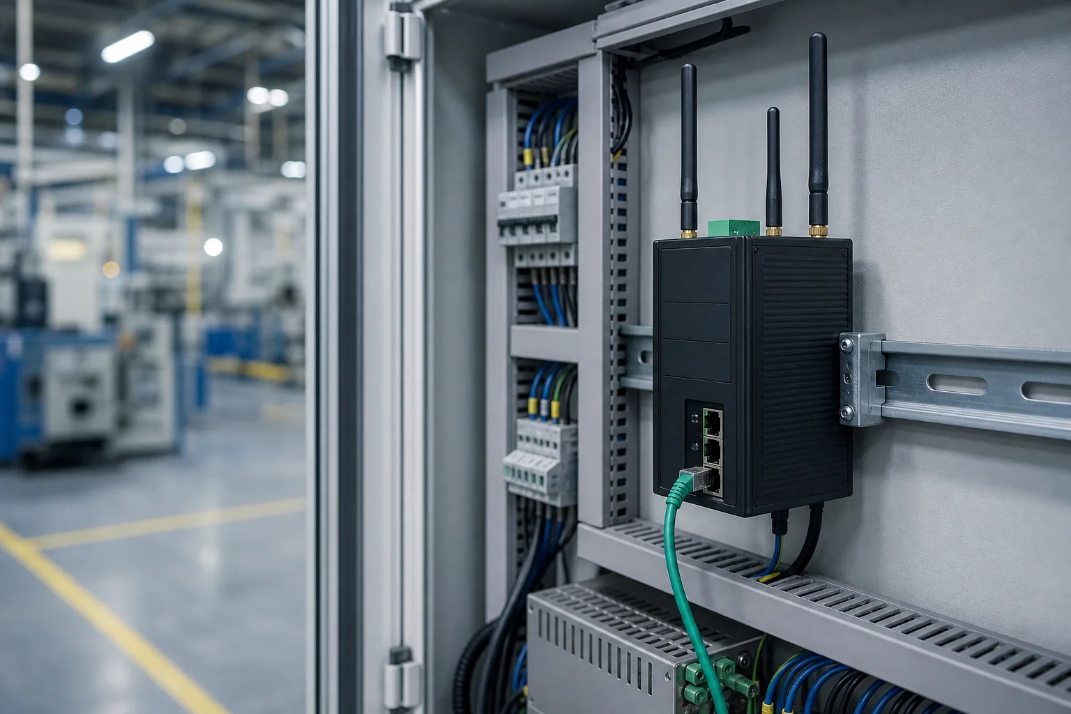 Router industrial celular instalado dentro de un cuadro de control de fábrica