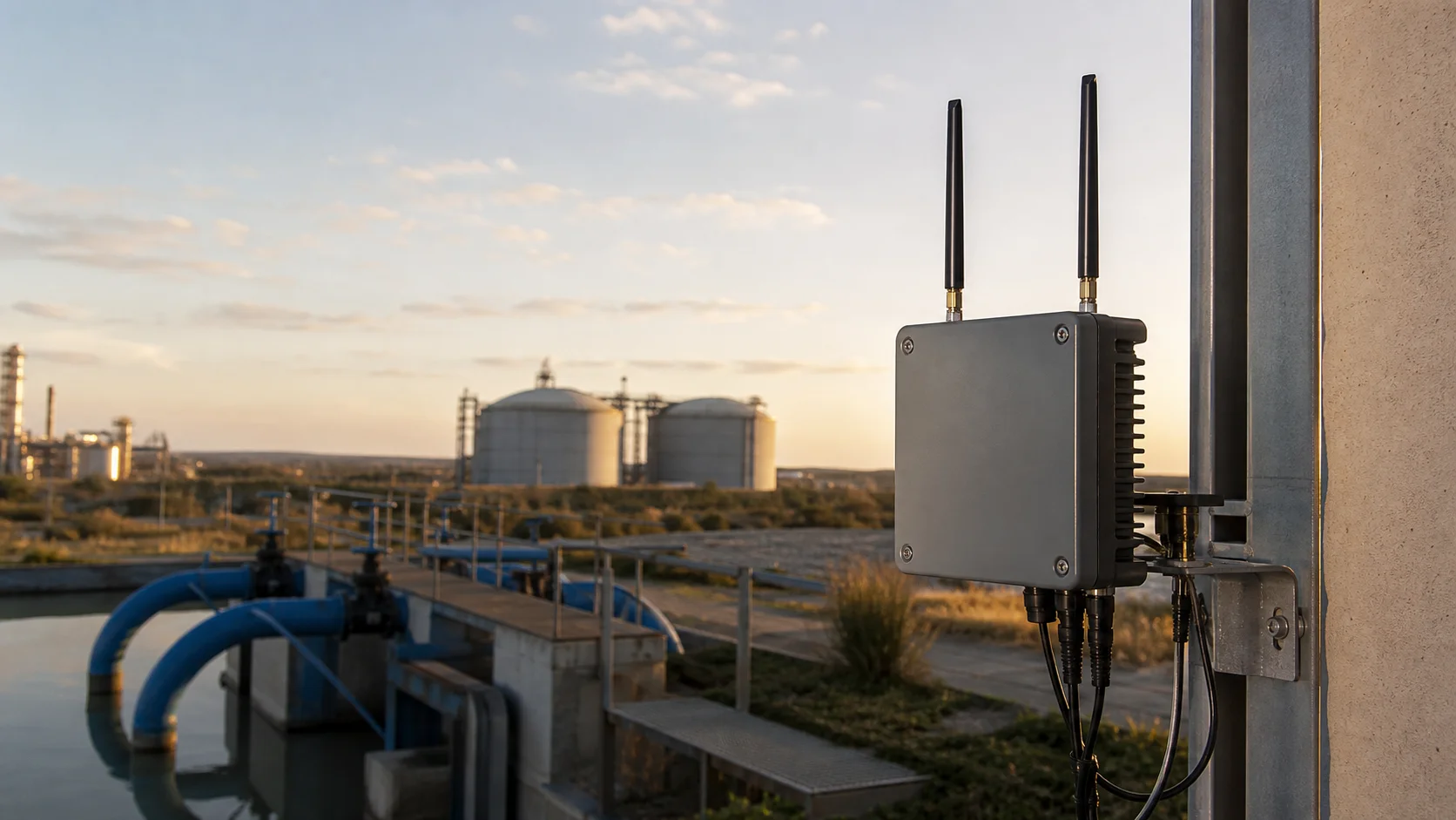 Gateway industrial con dos antenas en una infraestructura de bombeo