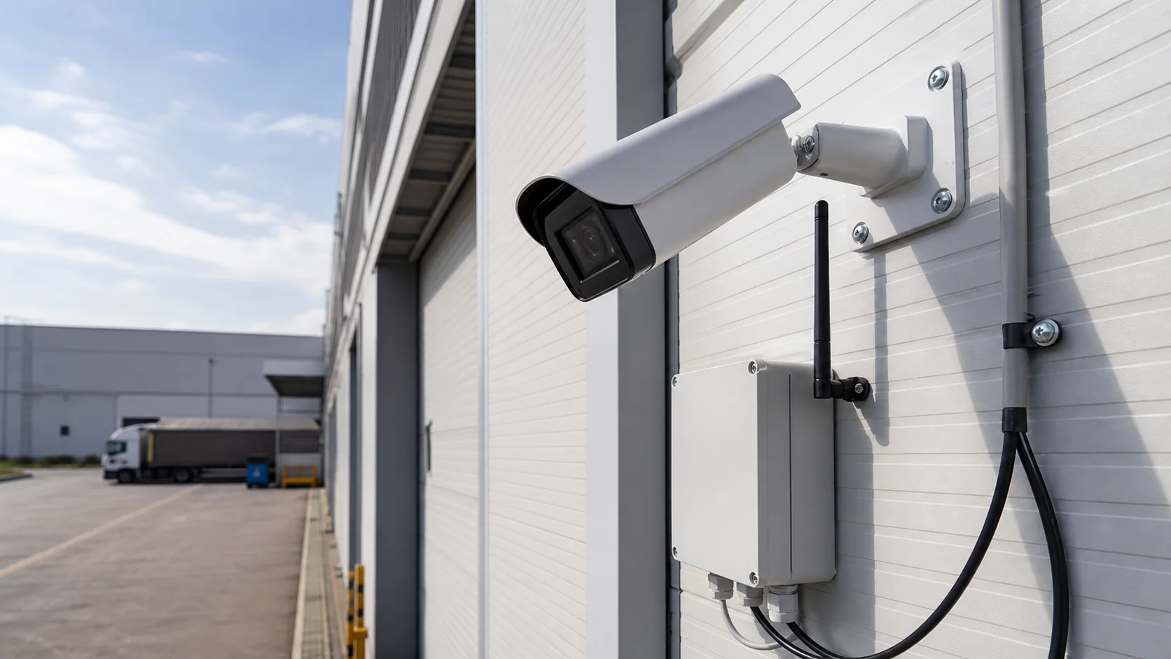 Cámara de vigilancia conectada a una caja de comunicaciones exterior
