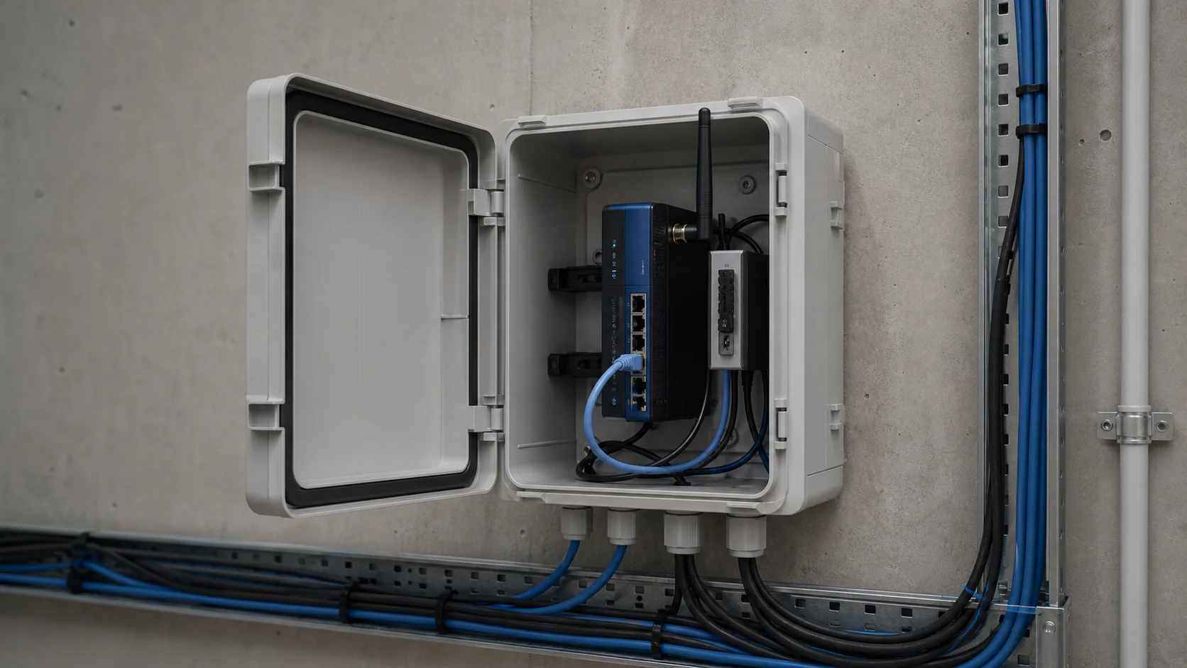 Router industrial instalado dentro de una caja estanca