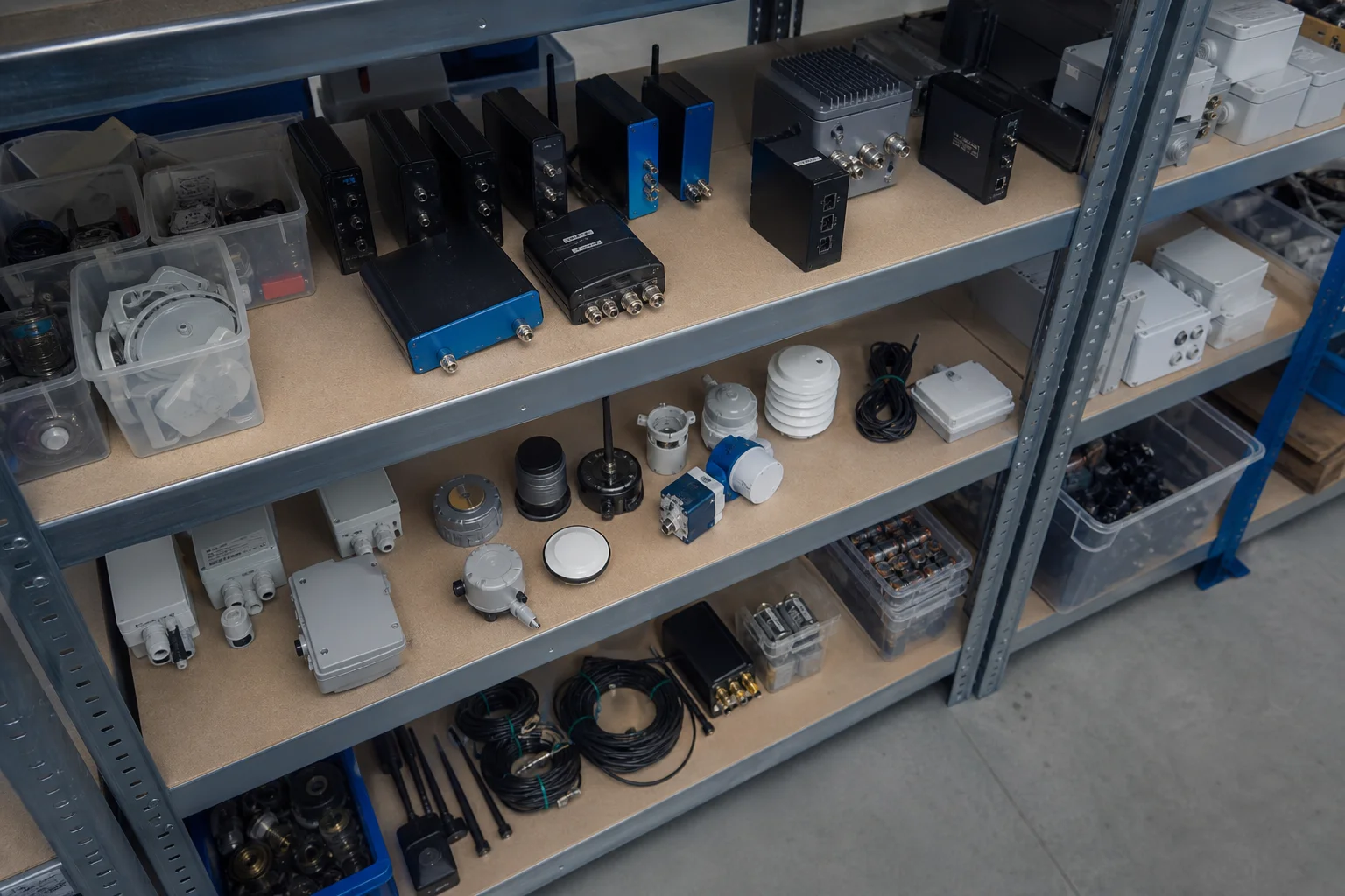 Estantería de mantenimiento con distintos equipos y repuestos de un parque IoT