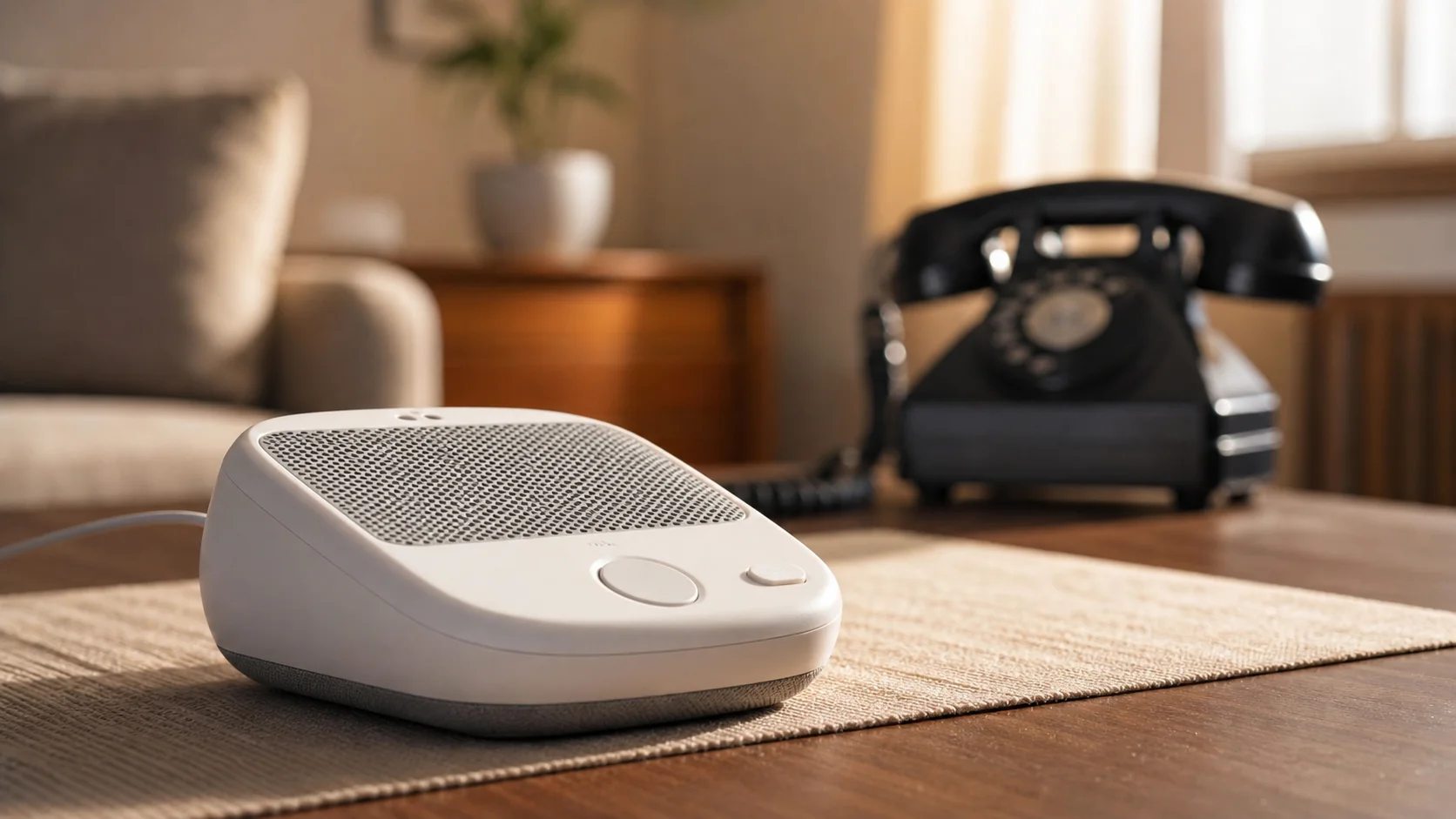 Dispositivo de teleasistencia junto a un teléfono fijo antiguo