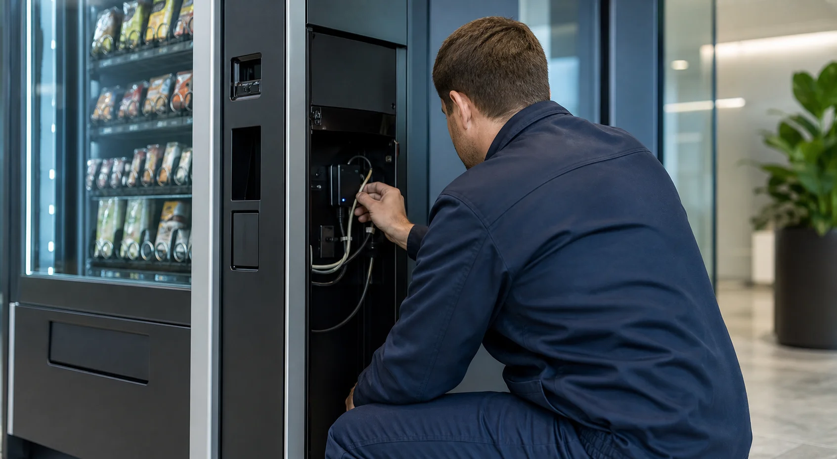 Técnico revisando el módulo de conectividad de una máquina de vending