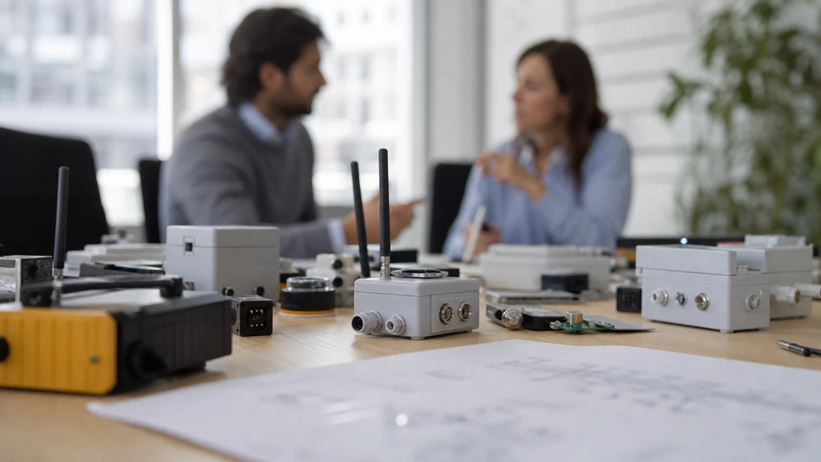 Equipos IoT sobre una mesa durante una reunión comercial