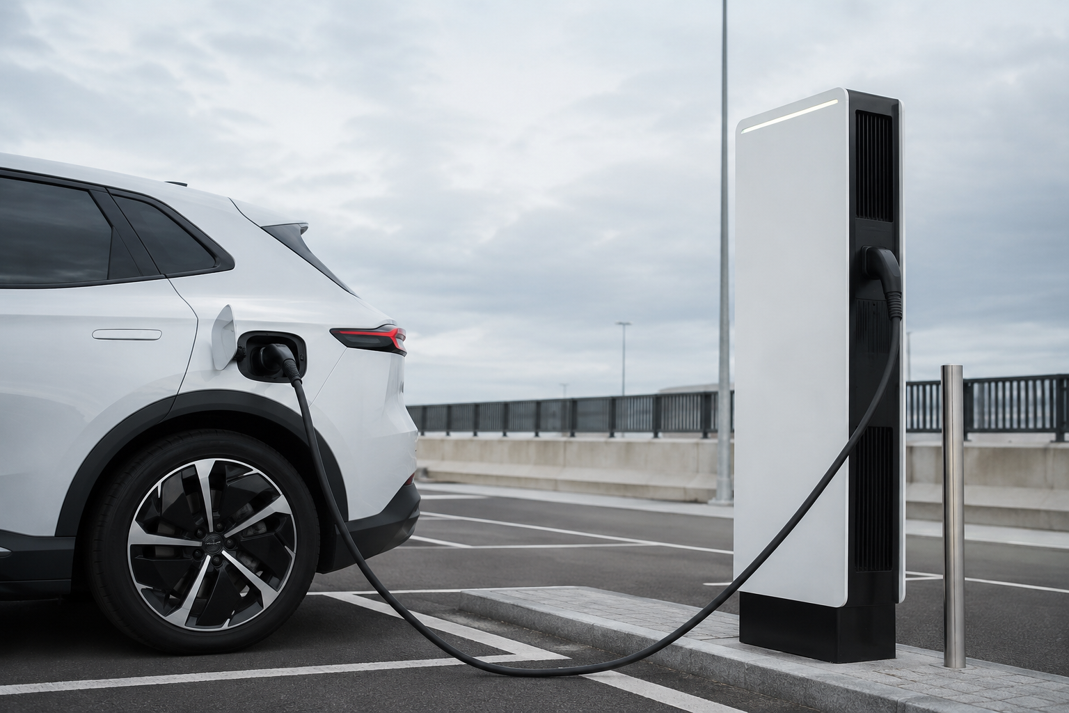 Coche eléctrico conectado a un punto de recarga en un aparcamiento exterior