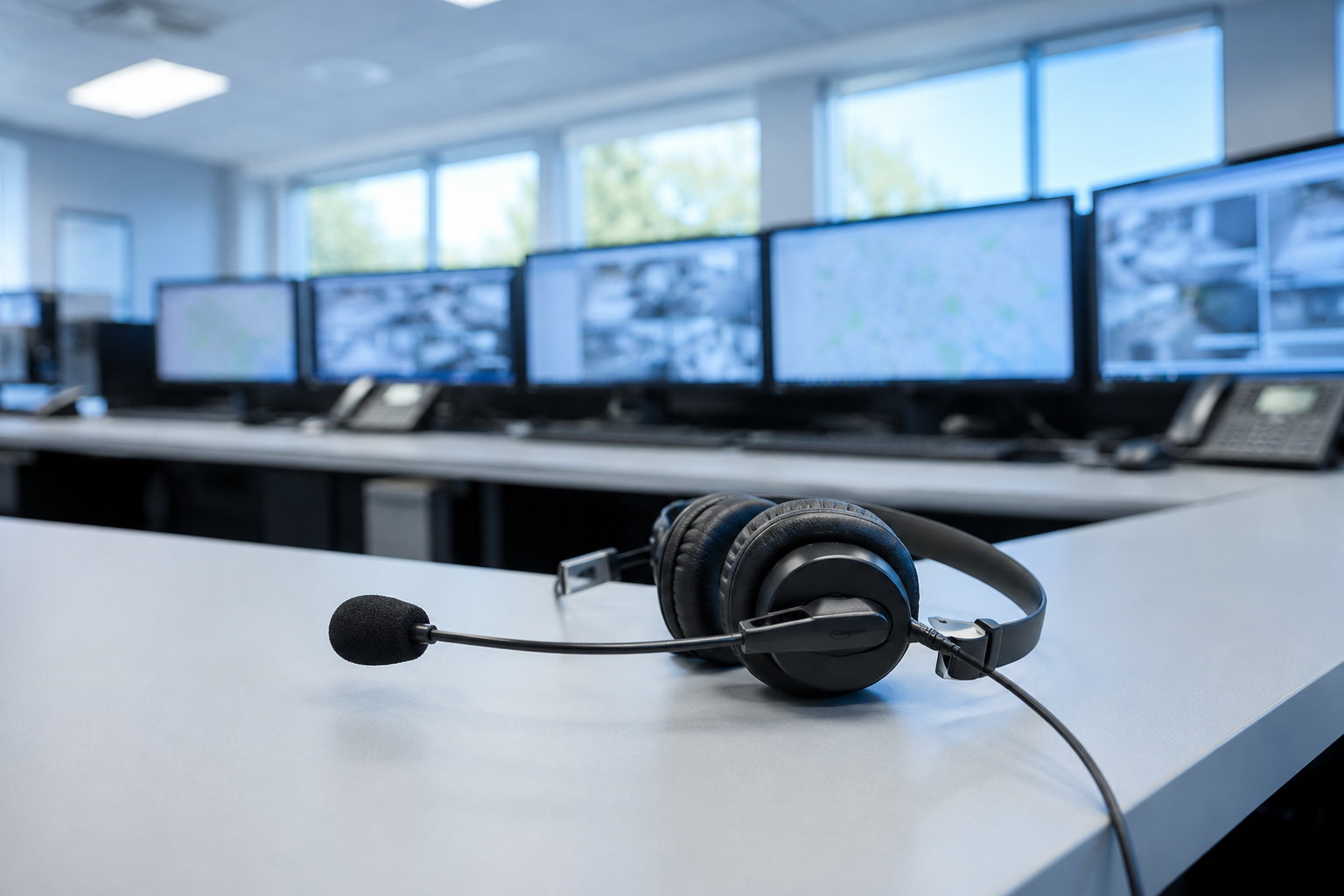 Sala de central receptora de alarmas con monitores y auriculares