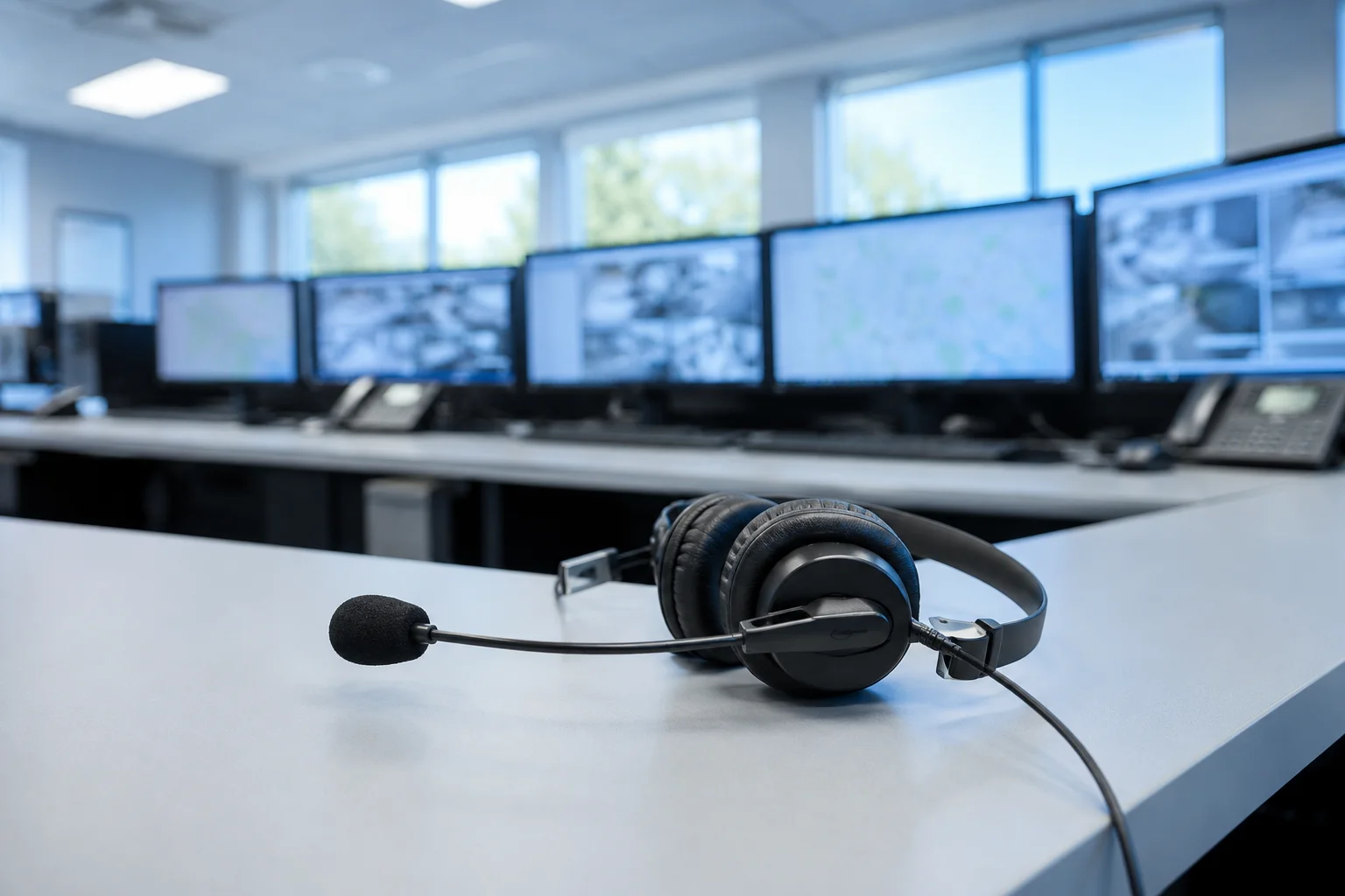 Sala de central receptora de alarmas con monitores y auriculares